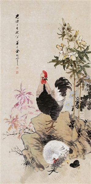 Chickens Flowers And Rock Oil Painting by  Jin Mengshi