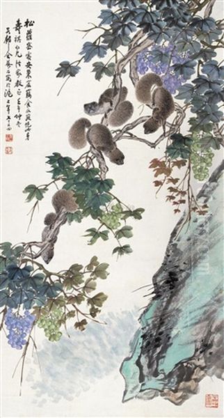 Grape And Squirrel Oil Painting by  Jin Mengshi
