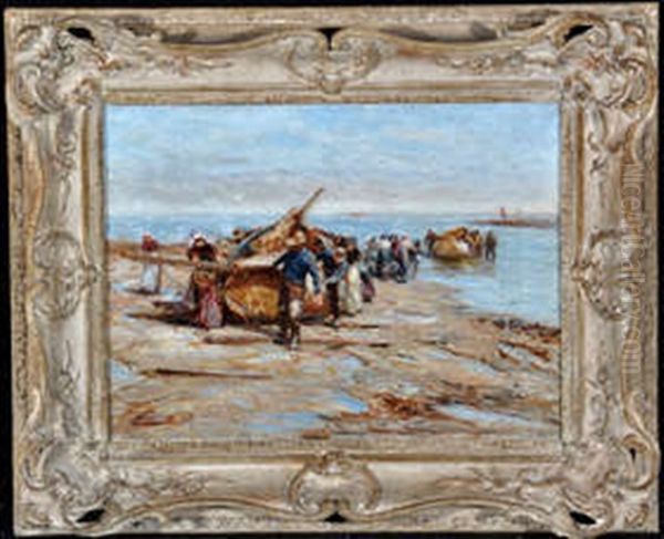 Yorkshire Fisherfolk Hauling Cobles Onto A Beach Oil Painting by Robert Jobling