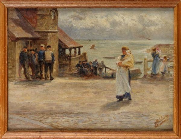 Fisherfolk, Cullercoats Harbour Oil Painting by Robert Jobling