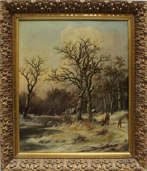 Winterlandschaft Mit Familie An Einem Zugefrorenem Flusslauf Oil Painting by Hermann Heinrich Johann