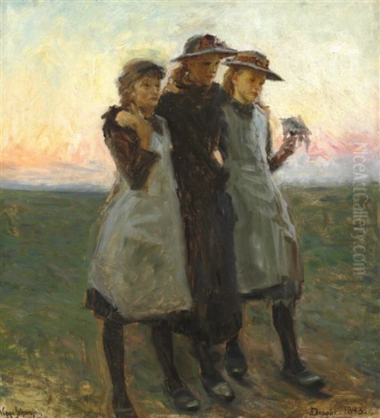 The Daughters Of The Painter In The Evening Sun Oil Painting by Viggo Johansen