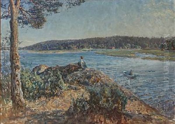 From The Swedish Skerries With A Woman Sitting And Overlooking A Bay Oil Painting by Viggo Johansen