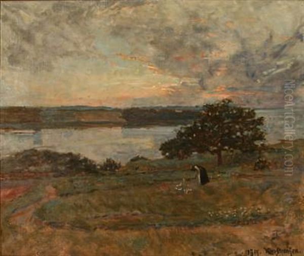 Fra Bramsnaesvig - Solnedgang (sunset At Bramsnaesvig, Denmark) Oil Painting by Viggo Johansen