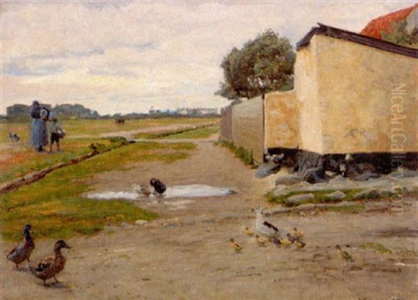 Pa Landet, Med Aender Uden For En Gard Oil Painting by Viggo Johansen