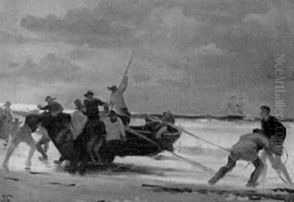 Redningsbad I Vandkanten Oil Painting by Viggo Johansen