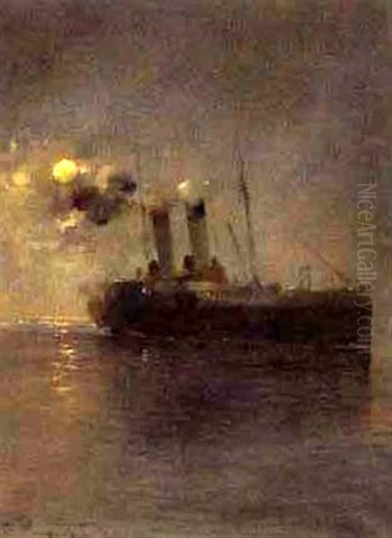 Raddampfer Auf Hoher See Bei Mondschein Oil Painting by Arvid Johansson