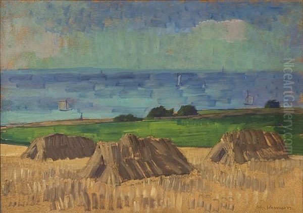 Kustnara Sommarlandskap Med Segelbatar Och Hostackar Oil Painting by Johan Albin Johansson