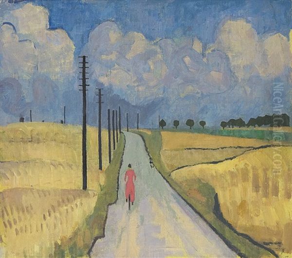 Kvinna Cyklande Langs Landsvag Med Ledningsstolpar Oil Painting by Johan Albin Johansson