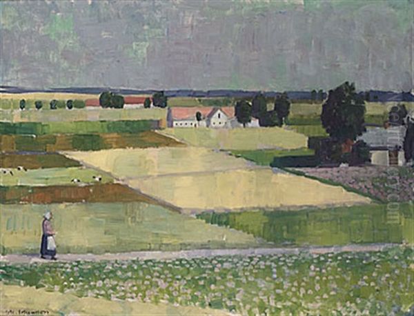 Landskap Med Sadesfalt, Hus Och Figurer Oil Painting by Johan Albin Johansson