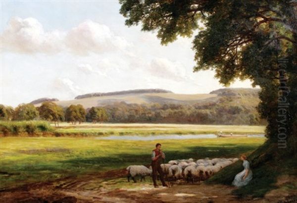 Shepherd With His Flock Oil Painting by Charles Edward Johnson