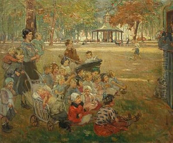 Scenery From A Sunny Marketplace With Several Children Watching A Puppet Theatre Oil Painting by Ernest Borough Johnson