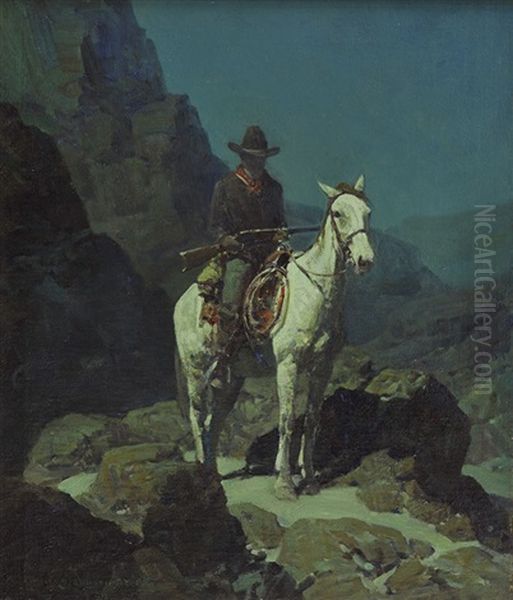 Cowboy On Horse At Night Oil Painting by Frank Johnson