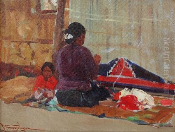 Navajo Weaver Oil Painting by Frank Johnson