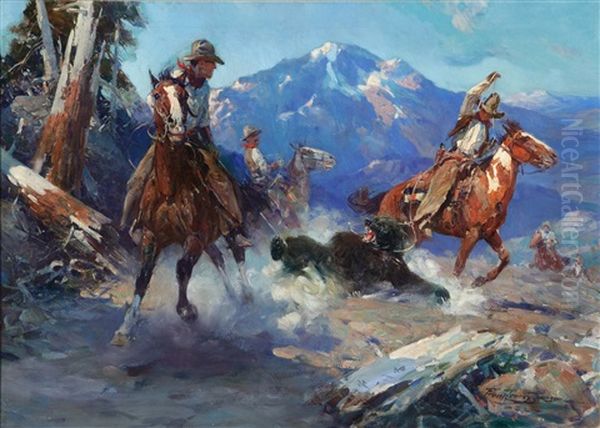 Cowboys Roping The Bear Oil Painting by Frank Johnson