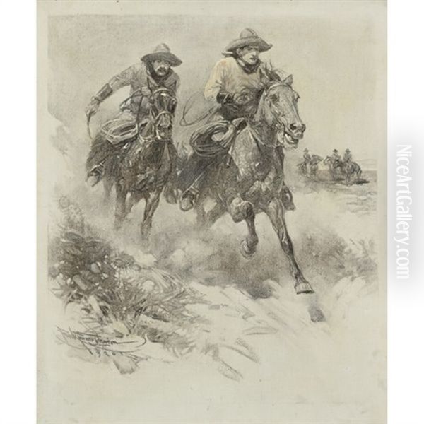 I Guess We Must Abin Three Feet Ahead With A Hundred Yards To Go, Split Was Accusin An Spurrin An Whippin' Oil Painting by Frank Johnson