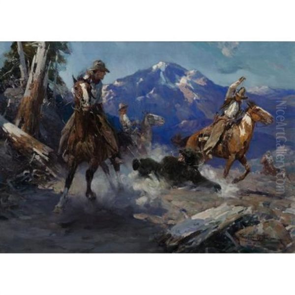 Cowboys Roping A Bear Oil Painting by Frank Johnson