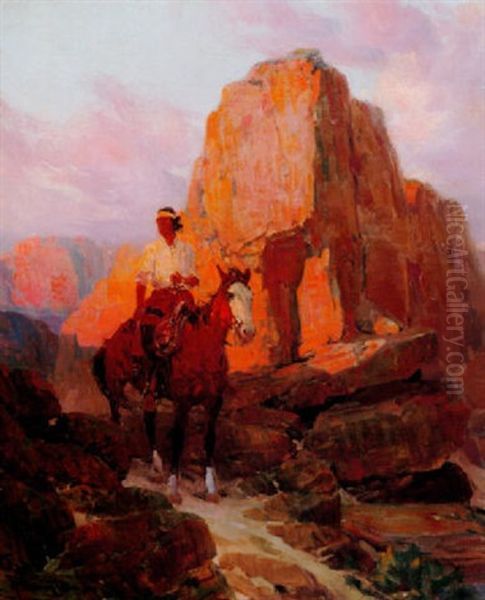 Indian On Horseback In Southwestern Landscape Oil Painting by Frank Johnson