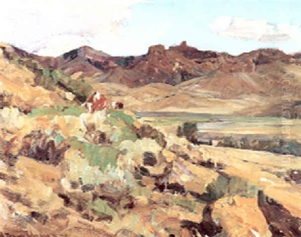 A Cow And A Calf (in The Shoshone Valley) Oil Painting by Frank Johnson