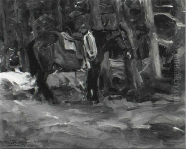 Saddled Horse In Wooded Landscape Oil Painting by Frank Johnson