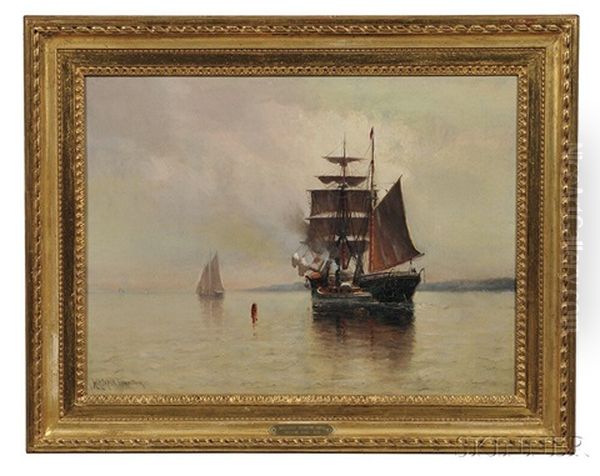 Ship At Anchor In Calm Coastal Waters Oil Painting by Johnson, Marshall