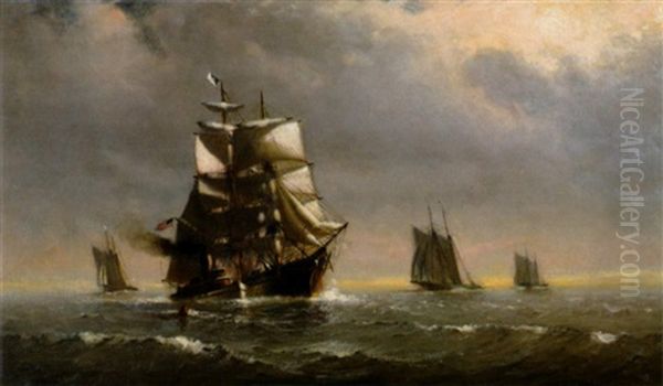 American Clipper Ship Under Sail With Tugboat Oil Painting by Johnson, Marshall