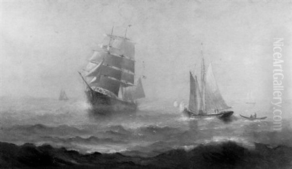 Out Of The Fog - Animated Marine Scene With Sailing Vessels Oil Painting by Johnson, Marshall