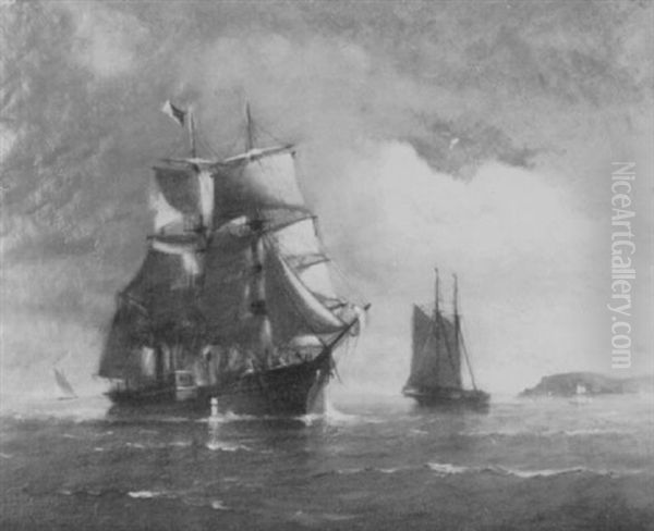 American Bark Under Tow Into A Harbor Oil Painting by Johnson, Marshall