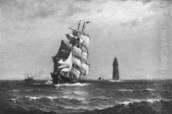 Sailing Ships And Lighthouse Oil Painting by Johnson, Marshall