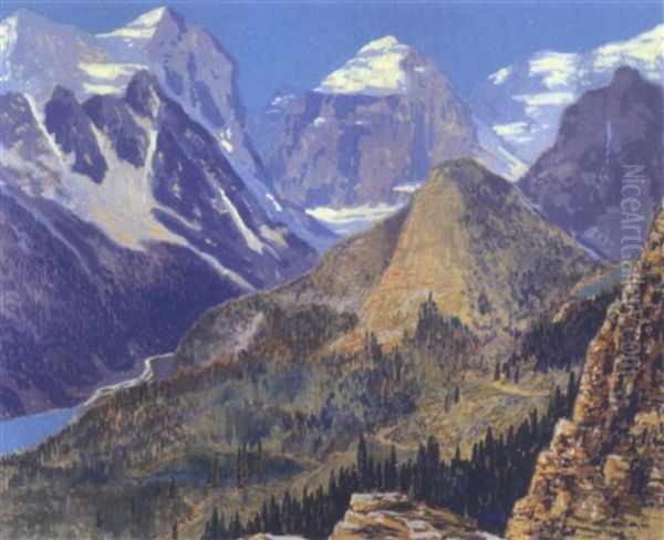 Panoramic View Of The Rocky Mountains With Lake Agnes And Mirror Lake Oil Painting by Francis Hans Johnston