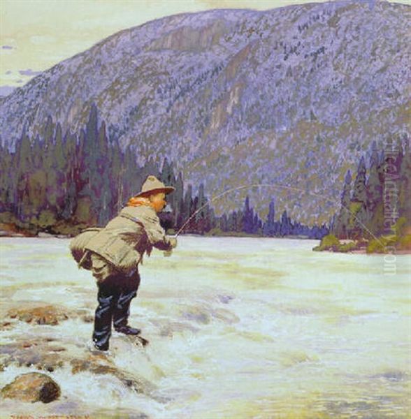 Fly Fishing Oil Painting by Francis Hans Johnston
