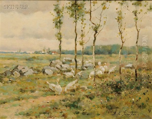 Landscape With Geese Oil Painting by Reuben Le Grande Johnston