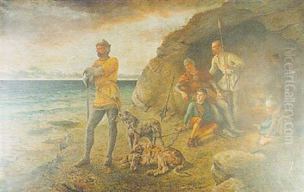 Robert The Bruce And His Men By A Coastal Cave Oil Painting by Robert B. Johnston