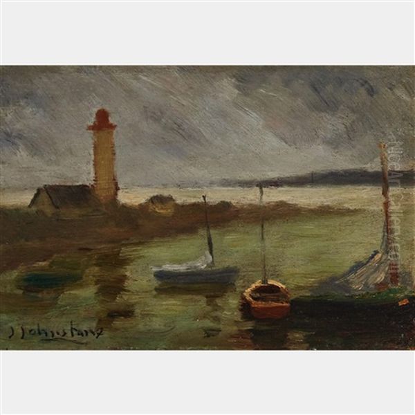 Lighthouse With Moored Boats Oil Painting by John Young Johnstone