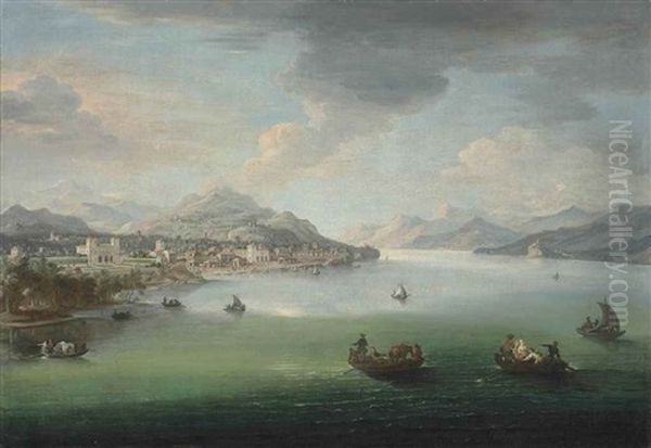 A View Of Gravedona On Lake Como, With Palazzo Gallio, Figures In Ferries And Other Vessels, Mountains Beyond Oil Painting by Antonio Joli