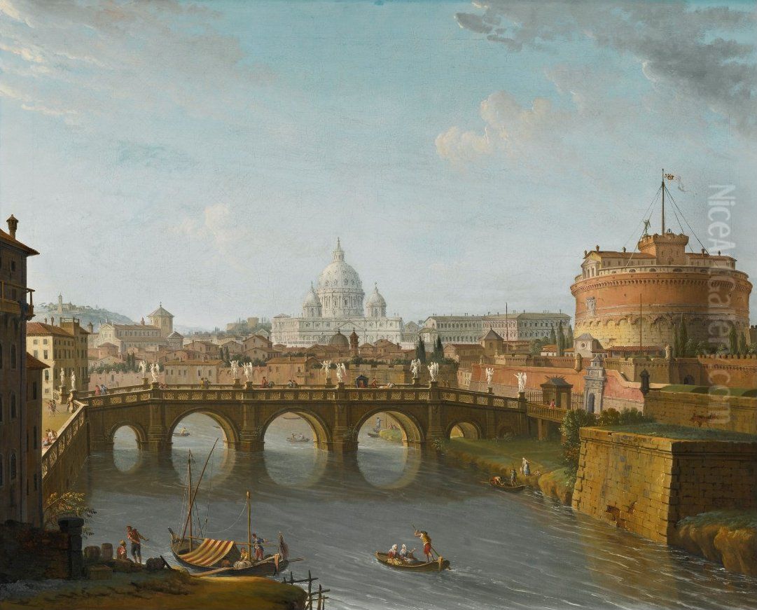 Rome, A View Of The Tiber With The Castel Sant'angelo And Saint Peter's Basilica Oil Painting by Antonio Joli