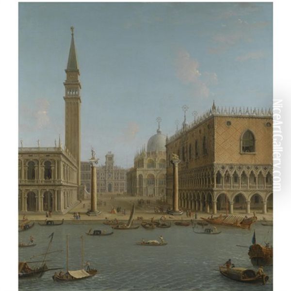 Venice, A View Of The Piazzetta From The Bacino Di San Marco, Including The Biblioteca Sansoviniana, The Torre Dell'orologio, The Basilica Di San Marco Amd The Palazzo Ducale Oil Painting by Antonio Joli