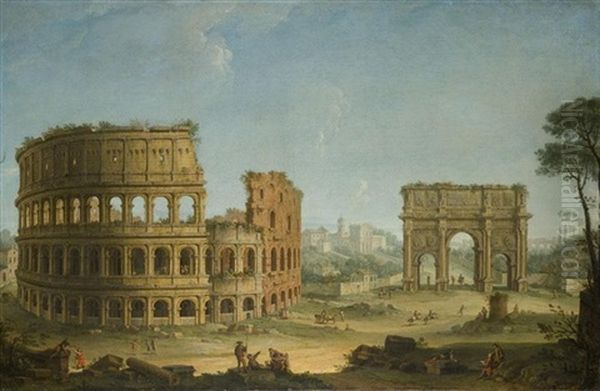 Rome, A View Of The Colosseum And The Arch Of Constantine, With An Artist Sketching In The Right Foreground Oil Painting by Antonio Joli