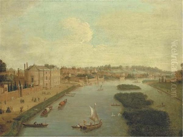 A View Of The Thames At Richmond And Cholmondeley House, With Elegant Figures On Cholmondeley House Walk Oil Painting by Antonio Joli