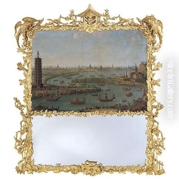 Capriccio Of The River Menam, With The French Ambassador Approaching The King Of Siam's Palace, With The White Porcelain Pagoda Near Nanjing, China Oil Painting by Antonio Joli