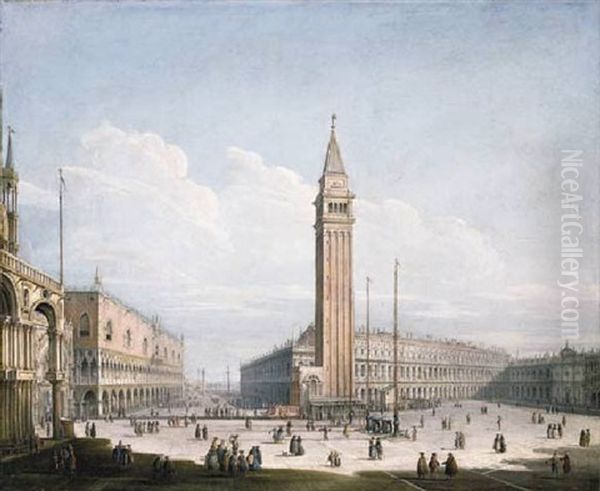 The Piazza San Marco And The Piazzetta, Venice, From The Torre Dell'orologio, With St. Mark's Cathedral, The Doge's Palace,
The Library, The Procuratie Nuove And The Church Of San Geminiano Oil Painting by Antonio Joli