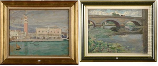 La Palais Ducal Et Le Campanile De Venise Vus De La Lagune Par Temps De Pluie Et Le Vieux Pont (2 Works) Oil Painting by Lucien Hector Jonas