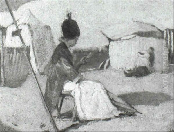 Lady Beneath A Parasol On The Beach Oil Painting by Lucien Hector Jonas