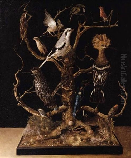 An Arrangement Of Stuffed Birds In A Tree, On A Ledge Oil Painting by Gabriel-Germain Joncherie