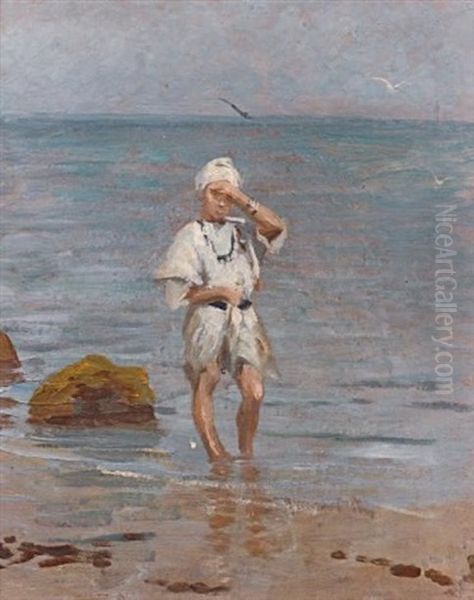 Enfant Au Turban Dans Les Vagues Oil Painting by Leonce J. V. de Joncieres
