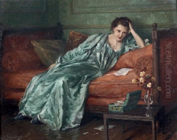 Femme Lisant Une Lettre Sur Un Divan Oil Painting by Leonce J. V. de Joncieres