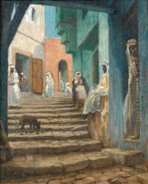 Ruelle Animee Dans La Kasbah D'alger Oil Painting by Leonce J. V. de Joncieres