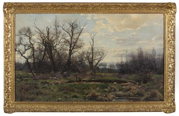 Autumn Landscape With Boys Fishing At A Meadow Stream Oil Painting by Hugh Bolton Jones