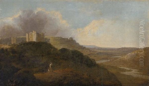 A Hilly Wooded River Landscape With Two Figures In The Foreground And A Castle, St. Briavels (?), On The Wye, Beyond Oil Painting by Thomas Jones