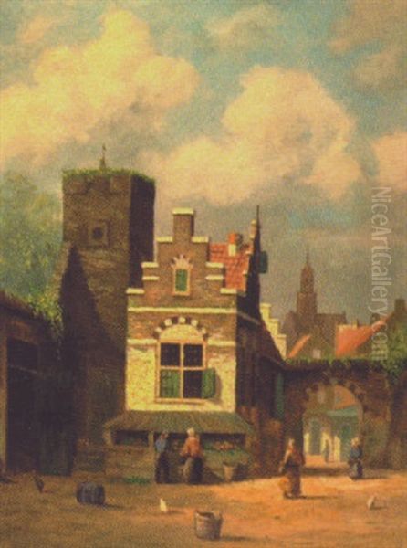 Dutch Town Scene Oil Painting by Jan De Jong